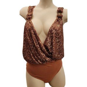 Free People Metallic Sequin Brown Rust Bodysuit NWOT Large